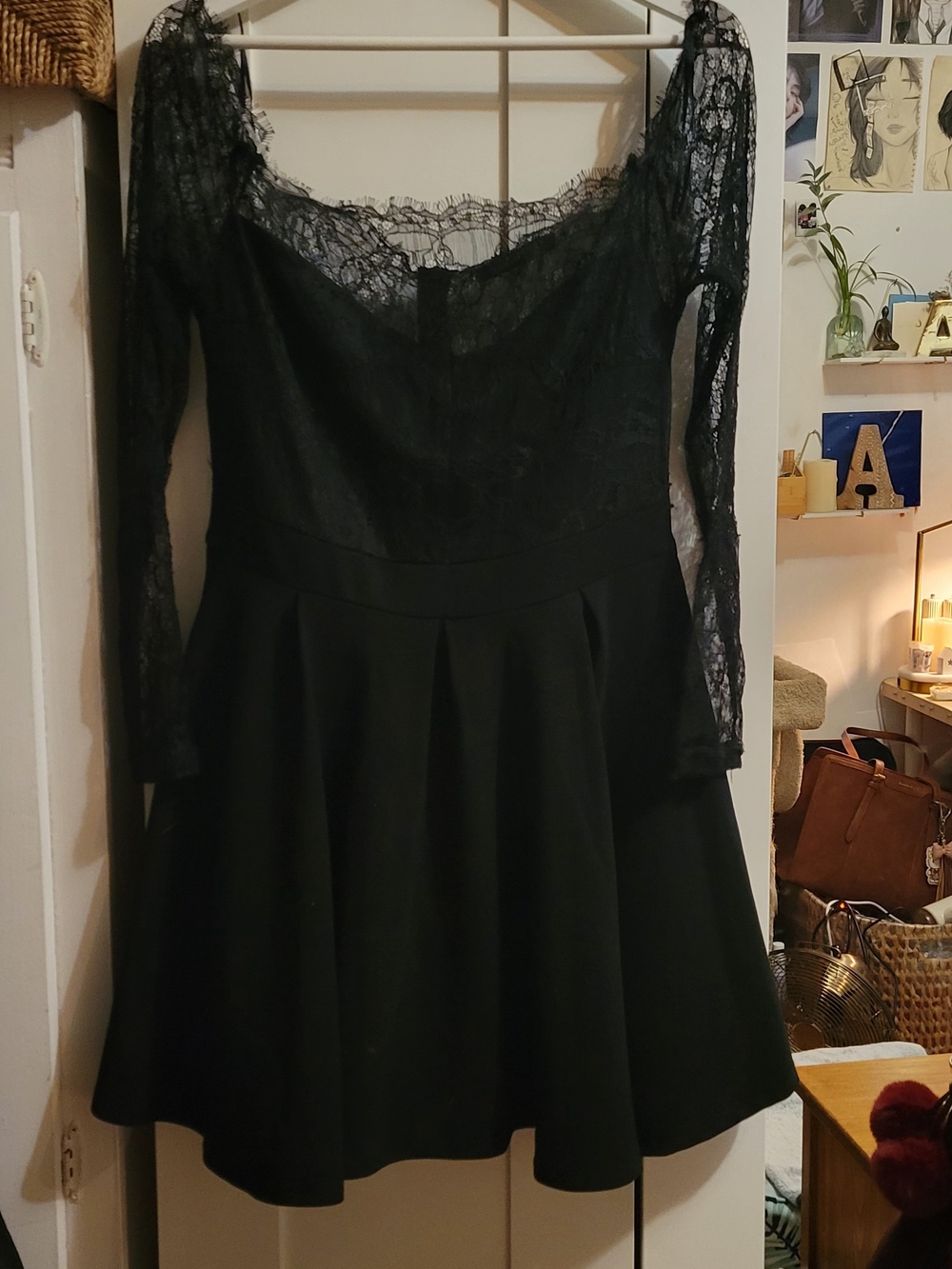 Revamped Black One-Shoulder Lace Fit & Flare Dress